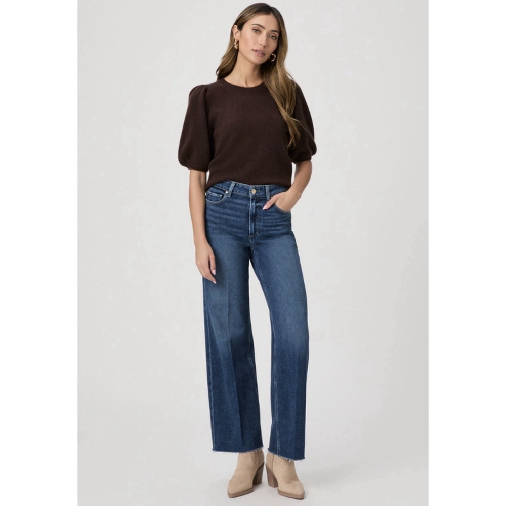 Paige Anessa 31 High Rise Wide Leg Blue Jeans in Arpeggio Raw Hem Size 25 $259